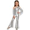 Girls Pageant & Stage Romper: Metallic Shiny Off Shoulder Jumpsuit with Sequin Tassels & Bell Bottom Legs for Disco