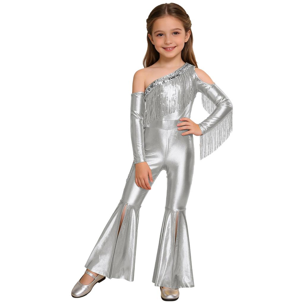 Girls Pageant & Stage Romper: Metallic Shiny Off Shoulder Jumpsuit with Sequin Tassels & Bell Bottom Legs for Disco