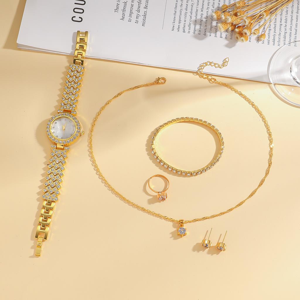 5-piece Set of Popular Round Dial Full Diamond Women's Quartz Watch Wristband Accessories Without Gift Box