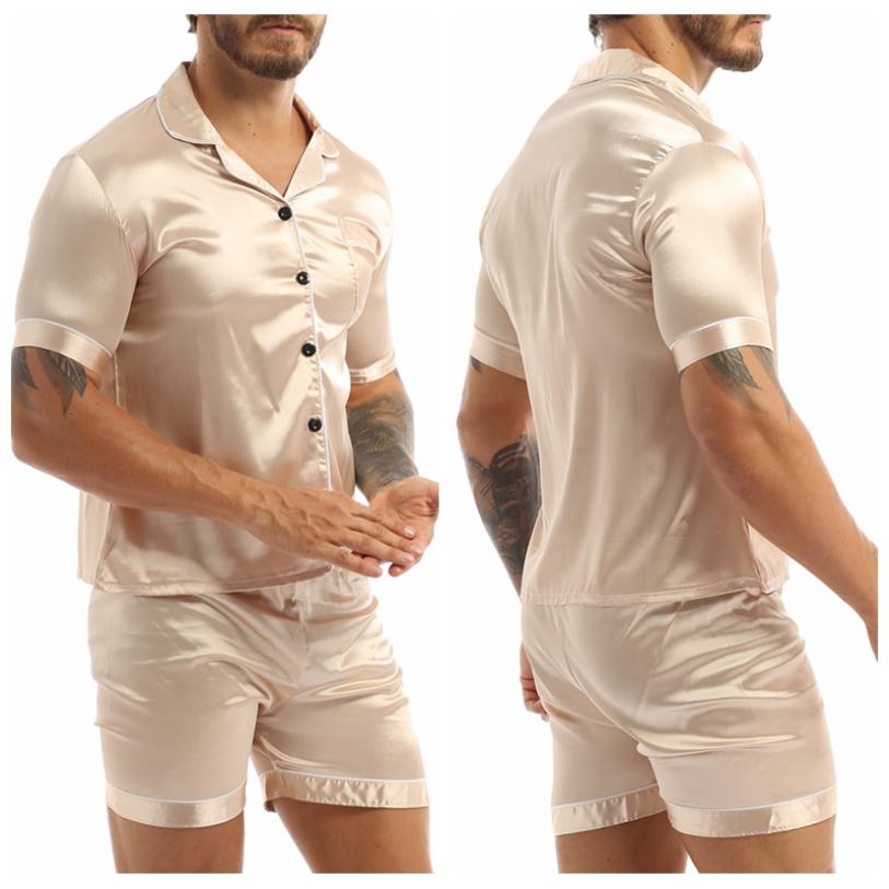 Mens Silky Satin Pajamas Set Short Sleeves Button Down Shirt Top with Shorts Sleepwear Loungewear