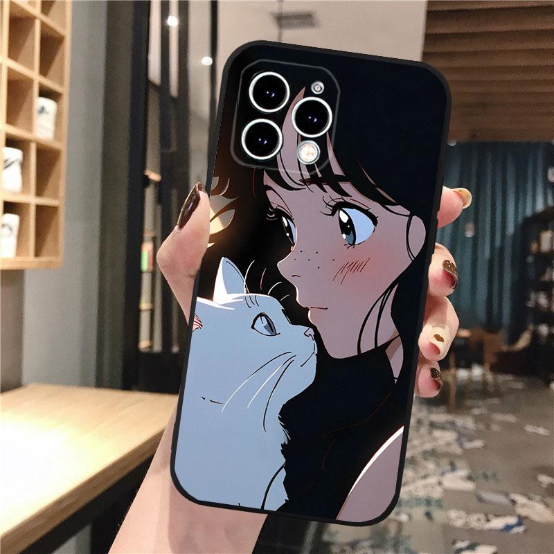 Anime Girl Woman Holding a Cat Phone Case For iphone 16 15 14 Pro Max 16 15 14 13 12 Pro 15Plus iphone 11