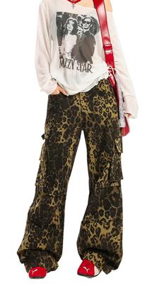 Bestmood Wide Leg Camouflage Long Straight Relaxed Cargo High Leopard Long American Casual Hip Dance L Leopard Women's Pants, Print, Pants, Pants,