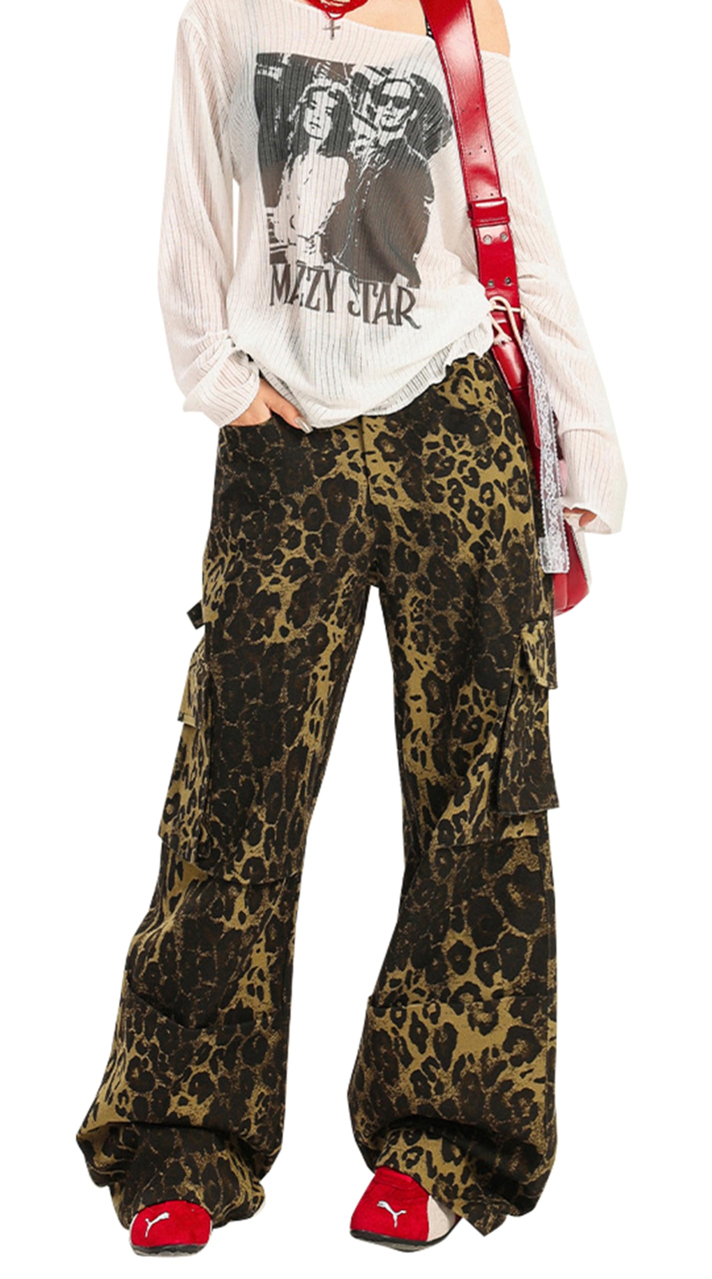 Bestmood Wide Leg Camouflage Long Straight Relaxed Cargo High Leopard Long American Casual Hip Dance L Leopard Women s Pants, Print, Pants, Pants,