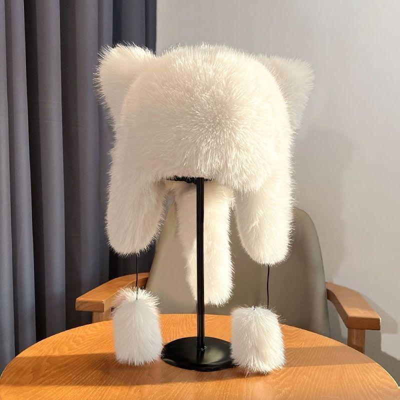 Women's Winter Fluffy Lei Feng Hat with Raccoon Tail and Faux Fur Ear Flaps