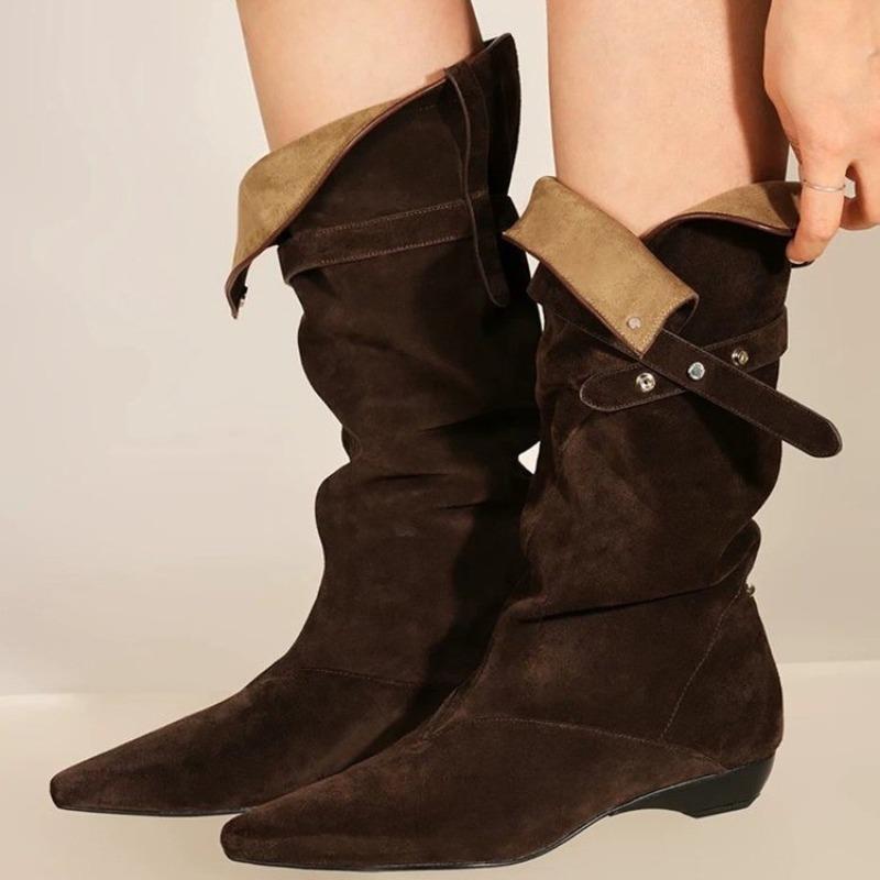 

Модные женские замшевые сапоги в западном стиле с острым носком, замшевым голенищем и отделкой заклепками, нескользящие туфли-лодочки 42