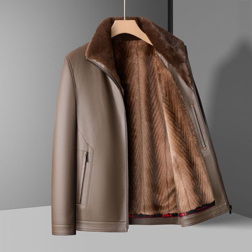 Haining Leather Jacket Men's Winter Fur Integrated Leather Jacket New Thickened Warm Jacket Velvet Leather Jacket Men