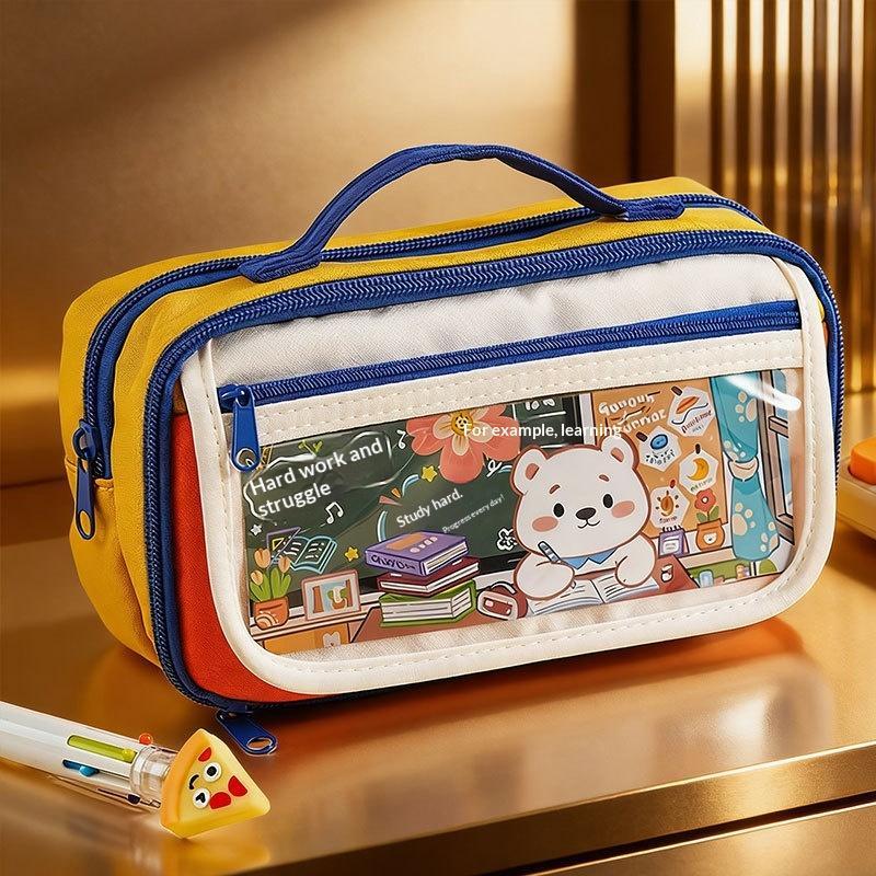 Large Capacity Transparent Pencil Case Cute Cartoon Bear Holds 40 Pens For Students School Use