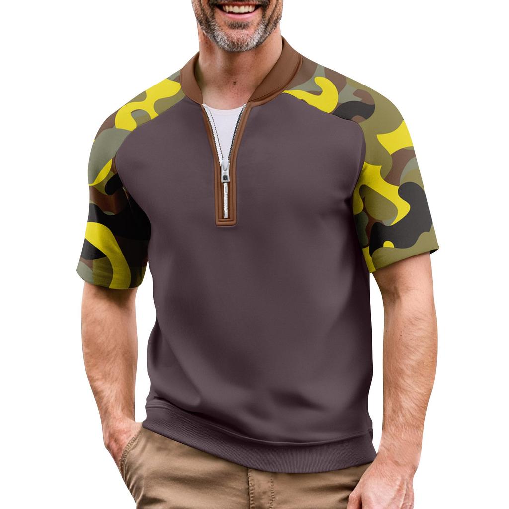 Men's Summer Camouflage Color Casual T-shirt Sports Breathable Zipper Collar Top