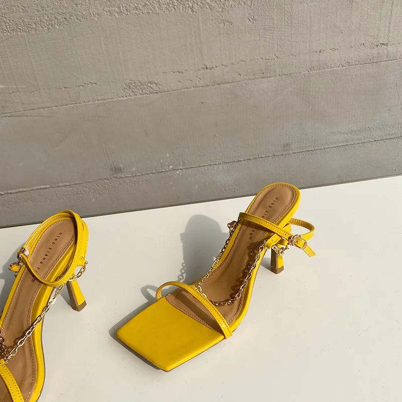Summer Elegant Women Purple High Heels Chain Sandals Designer Open Toe Green Yellow Stiletto Heels Sandals Nightclub Shoes