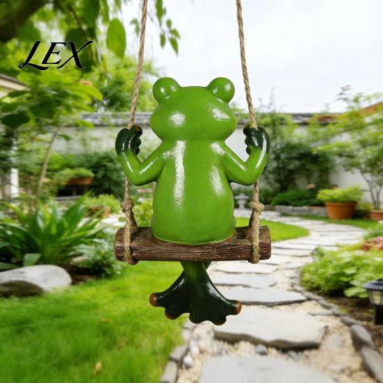 Hand Painted Resin Crafts Garden Swing Frog Statue, Hanging Ornament, Whimsical Decorative Figurine Cute for Front Porch Yard Balcony Decoration