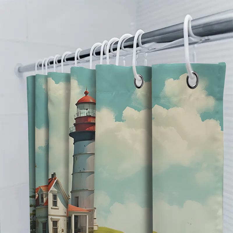Lighthouse Cliff View Shower Curtain Scenic Coastal Home Decor with Red Roof and Blue Sky Background Waterproof Polyester Fabric