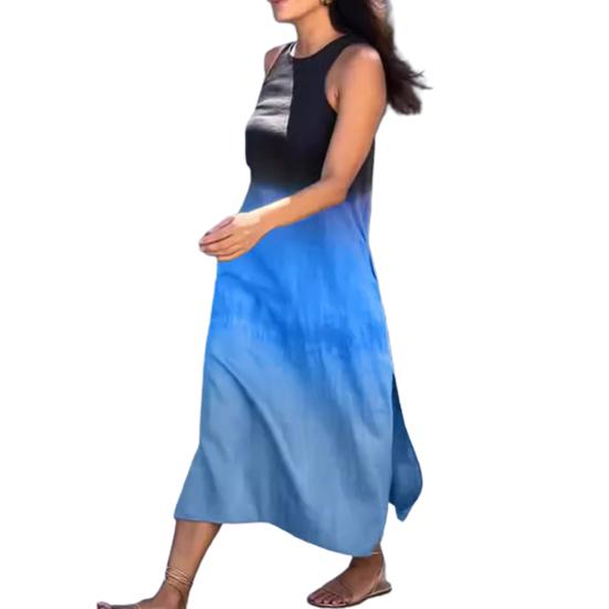 Sommerkleid für Damen, Farbverlauf, Farbblock, ärmellos, O-Ausschnitt, lockere Länge bis zur Mitte der Wade, Dating, Party, Urlaub, Strand, Midikleid
