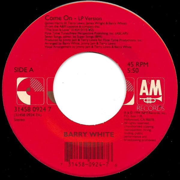

7inch Record BARRY WHITE - Come On / Practice What You Preach 3145809247 A&M Records 1994 US Soul/Funk Used