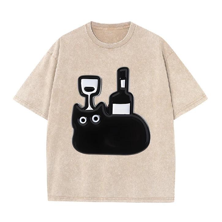 Vintage Acid Wash Oversized T Shirt for Women Men Funny Cartoon Black Cat Beverage Cup Print Short Sleeve Tee Y2K T-shirts