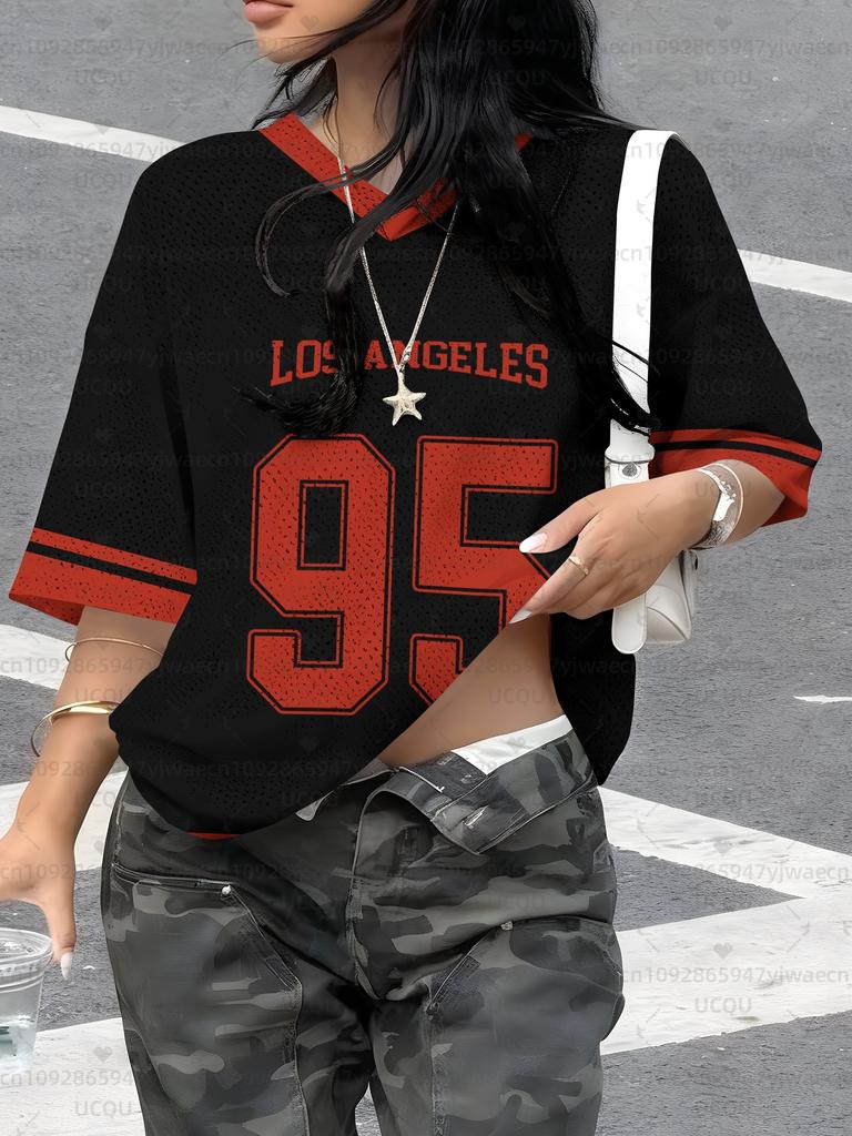 Women's Los Angeles NO.95 Print V-Neck Short Sleeve T-Shirt Summer Graphic Tee Baseball Jerseys Plus Size Sport T-Shirt