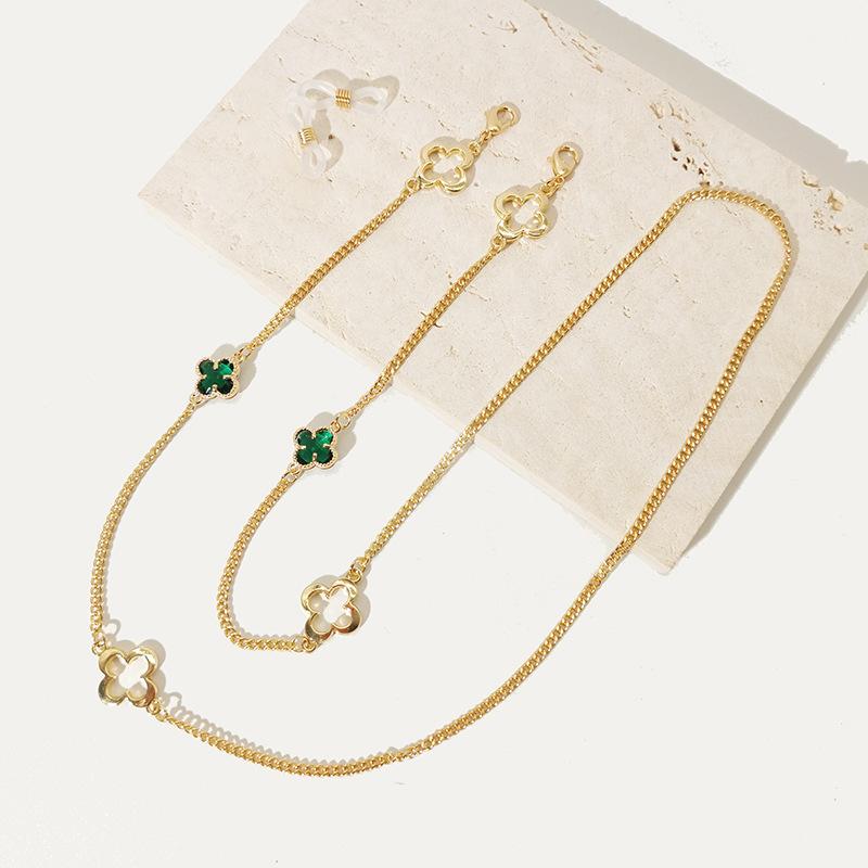 Green Four-Leaf Clover Crystal Glasses Chain, Retro Literary And Artistic Female Lolita Neck Hollowed Sunglasses Chain