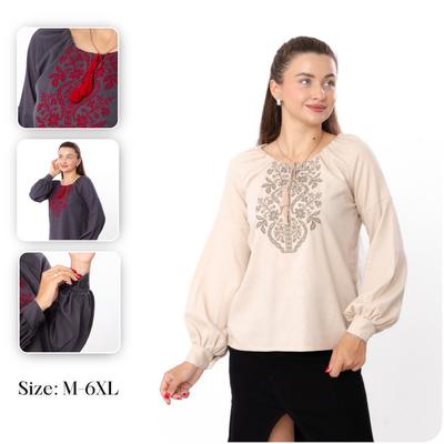 Women’s Embroidered Blouse – Linen & Viscose Fabric, Long Sleeves, Any Season, 8439-070-22 HC