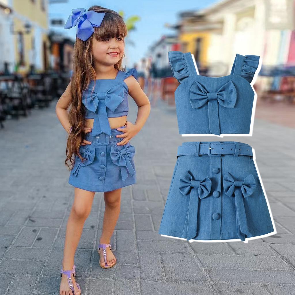 2-6J Kinder Sommerkleider für Mädchen Neu Fliegenärmel Neckholder Schleife Top + Rock Anzug Personalisierte Kleidung