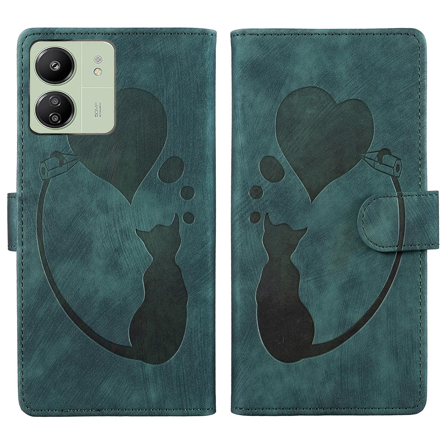 

For Xiaomi Redmi 13C 4G/5G/13R 5G/Poco M6 5G/Poco C65 4G Case Cute Cat Imprint PU Leather Wallet Phone Cover Green