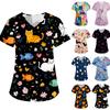 Women's Cartoon Cute Print Loose V-Neck Pocket Short-Sleeve  Uniform
