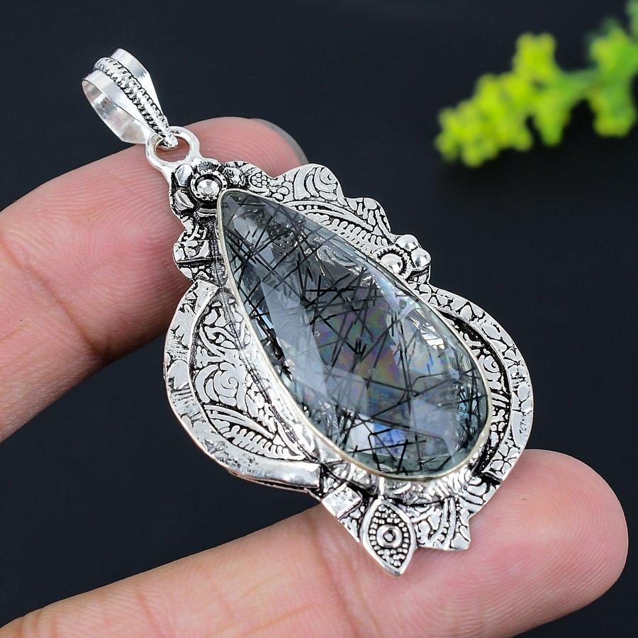 Natural Black Rutile Gemstone Handmade 925 Sterling Silver Pendant 2.56" K1V75