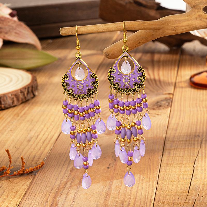 Bohemian Ethnic Style Earrings for Women Long Vintage Drop Glaze Rice Bead Water Drop Earrings Vacation Party Wedding Jewelry