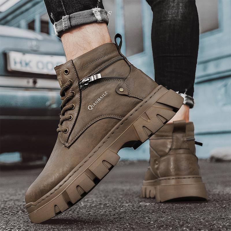 2024 men's vintage work shoes autumn and winter thick soled high non slip casual leather boots Chelsea desert waterproof boots