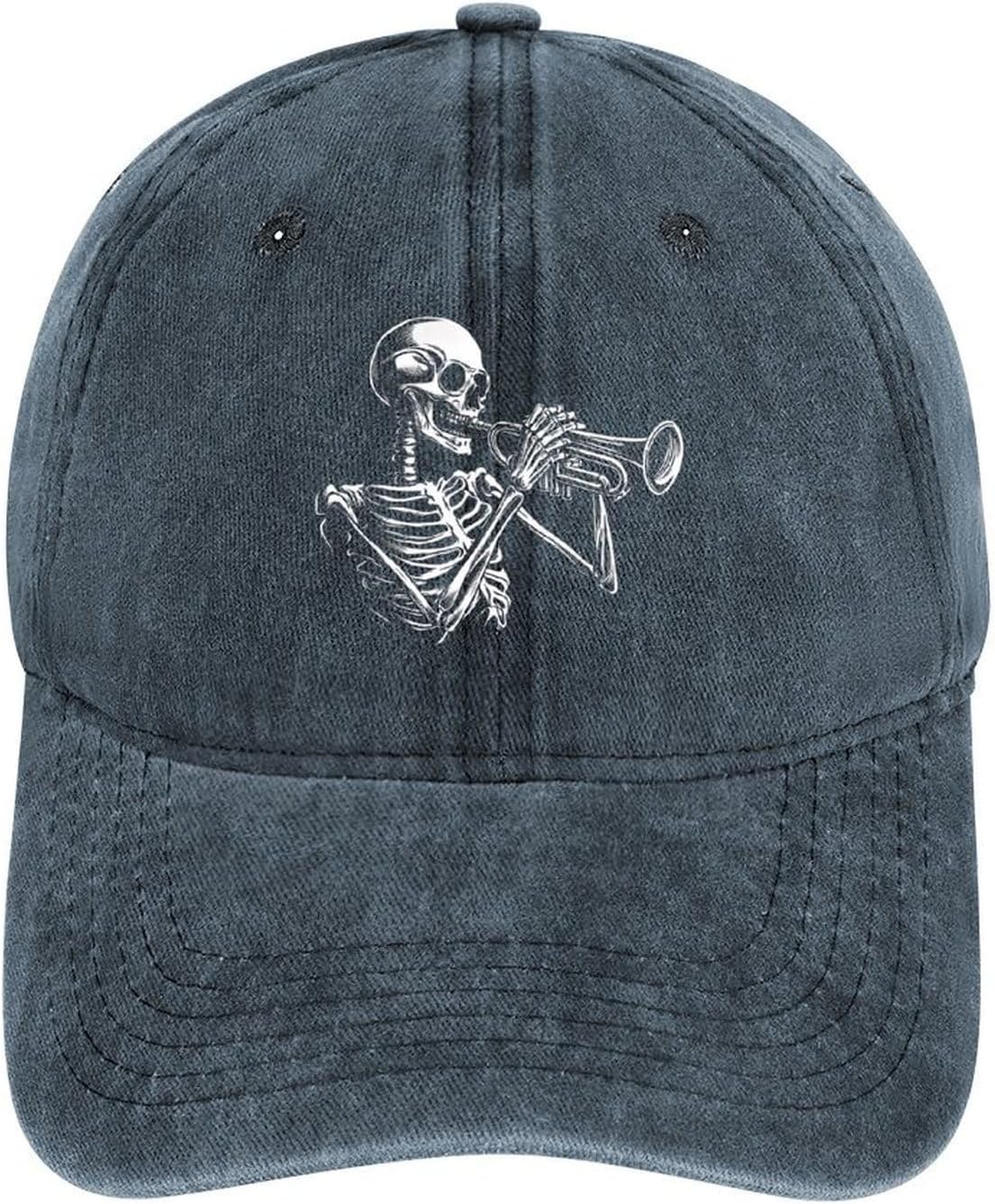 Skeleton Playing Trumpet Baseball Cap Vintage Washed Cotton Adjustable Dad Hat Outdoor One Size