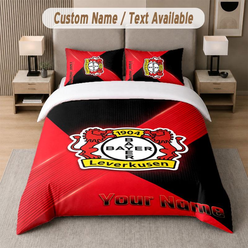 Custom Bedding Set Bayer Leverkusen Football Pattern, Print Name Text 1 Duvet Cover Plus 2 Pillowcases Home Textile