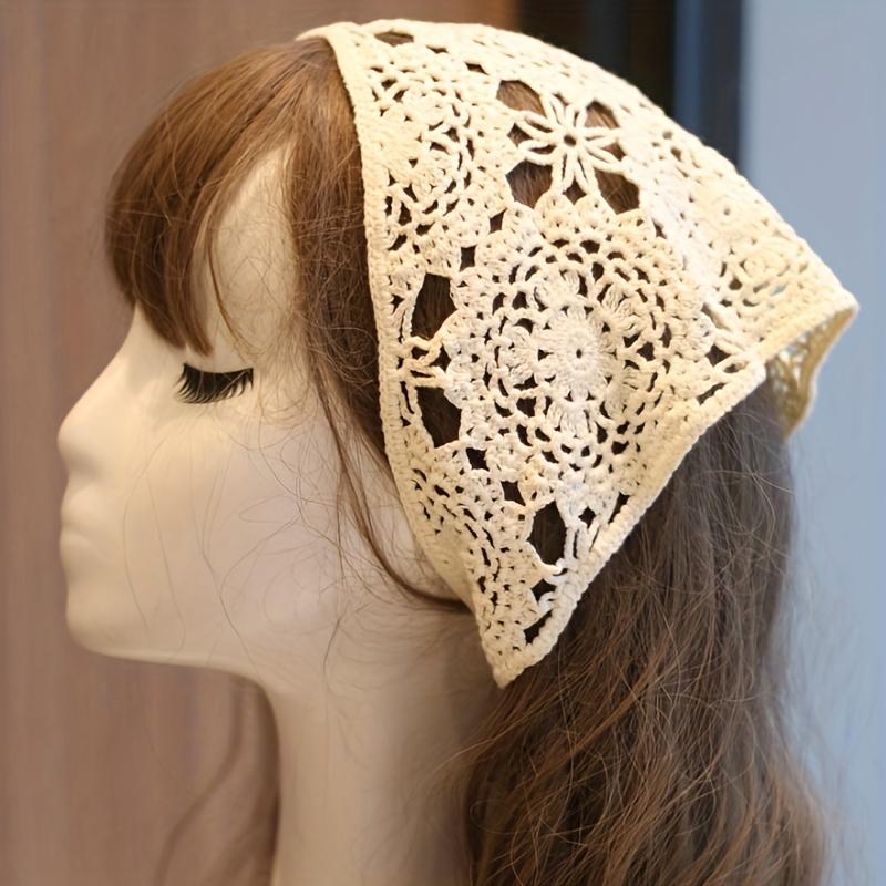 1PC Retro Hollow Crochet Flower Triangle Scarf Knitted Hairband Lace Flower Headband Hair Accessories For Women