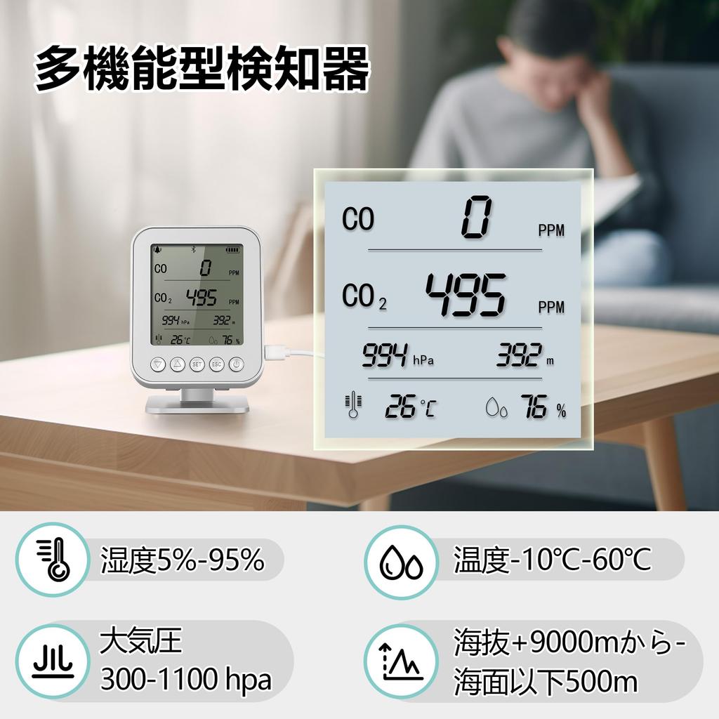 Carbon Dioxide Concentration Meter, CO2 Monitor, CO/CO2 Concentration, Humidity, Temperature, Atmospheric Pressure, Altitude Function,