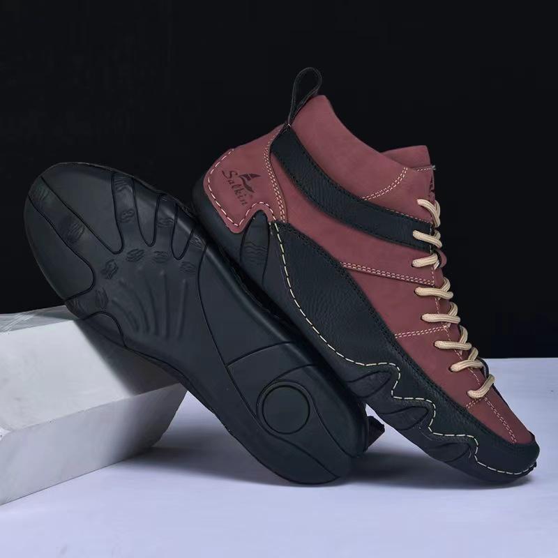 Men's Plus Size High-Top Leather Ankle Boots – Hand-Stitched, Warm, Casual Martin Style for Autumn and Winter