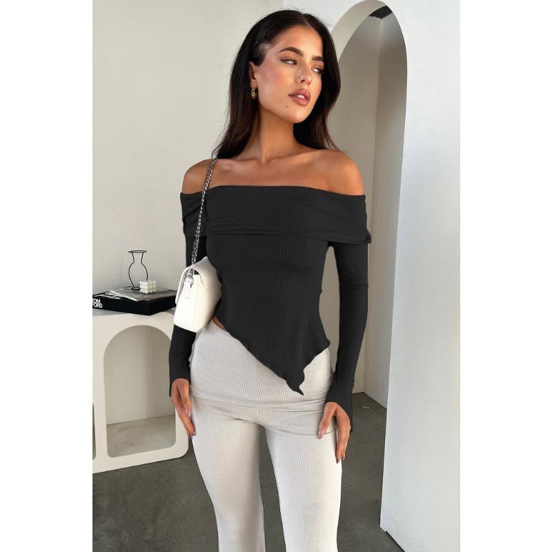 Women's Spring and Autumn Sexy Straight Neck Off-the-shoulder Long-sleeved Top, T-shirt Base Layer