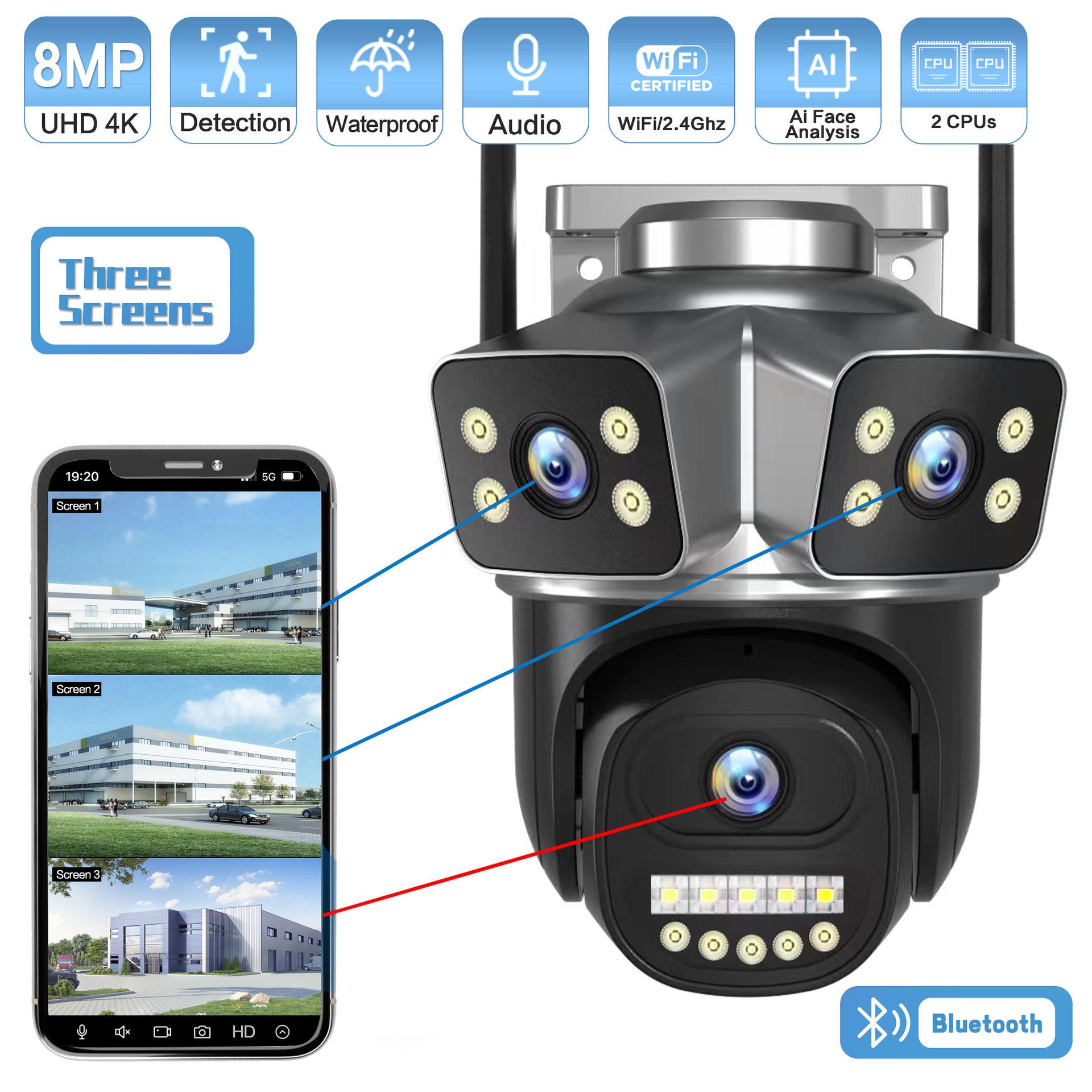 

3-Screen 2MP Mobile Gimbal HD Camera with Triple-Lens and WIFI Remote Home Monitoring