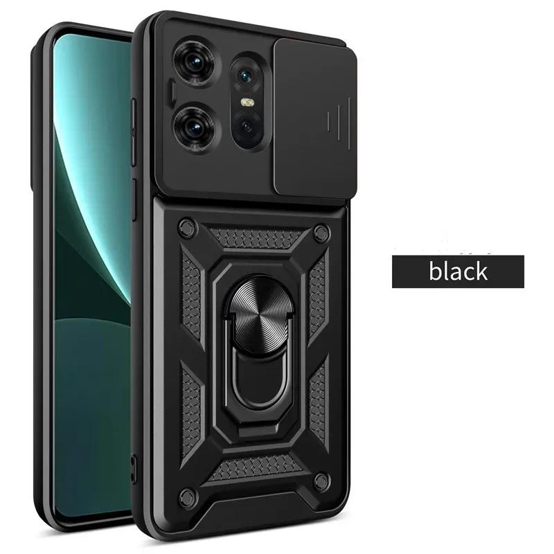 

Противоударный бронированный чехол для Motorola Edge 50 40 NEO 30 Pro Ultra Fusion G04 G34 G84 G54 G42 с кольцом-держателем и сдвижной крышкой для защиты объектива For MOTO G84 5G чёрный