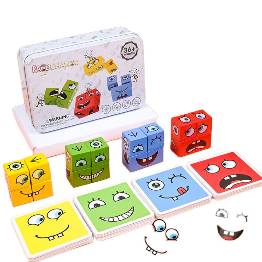 Cube Face Changing Building Blocks Cartoon Board Game Wooden Puzzle Montessori Anxiety Stress Relief Toys For Children Kids