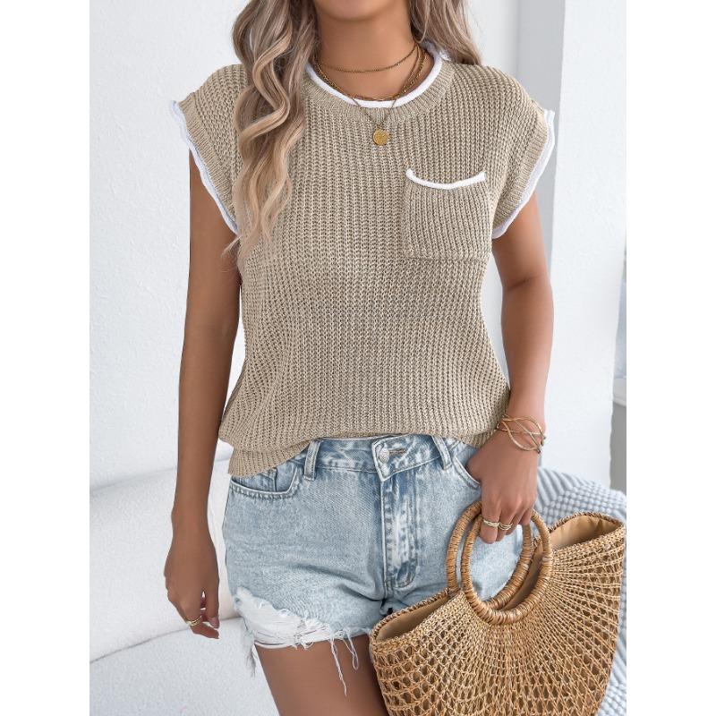 Women Contrast Trim Pocket Cap Sleeve Knit Top