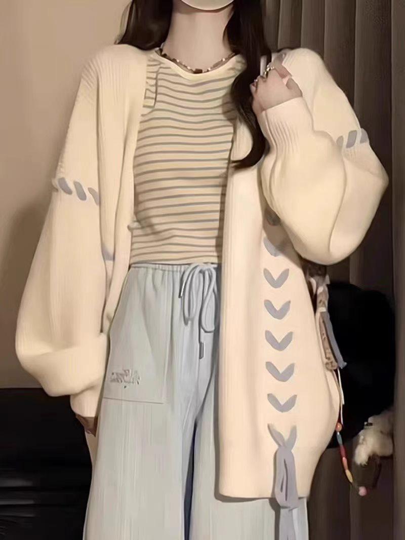 

Ретро кардиган большого размера из мягкого трикотажа с кружевной шнуровкой для женщин XL for 120-135 lbs кремовый/белый