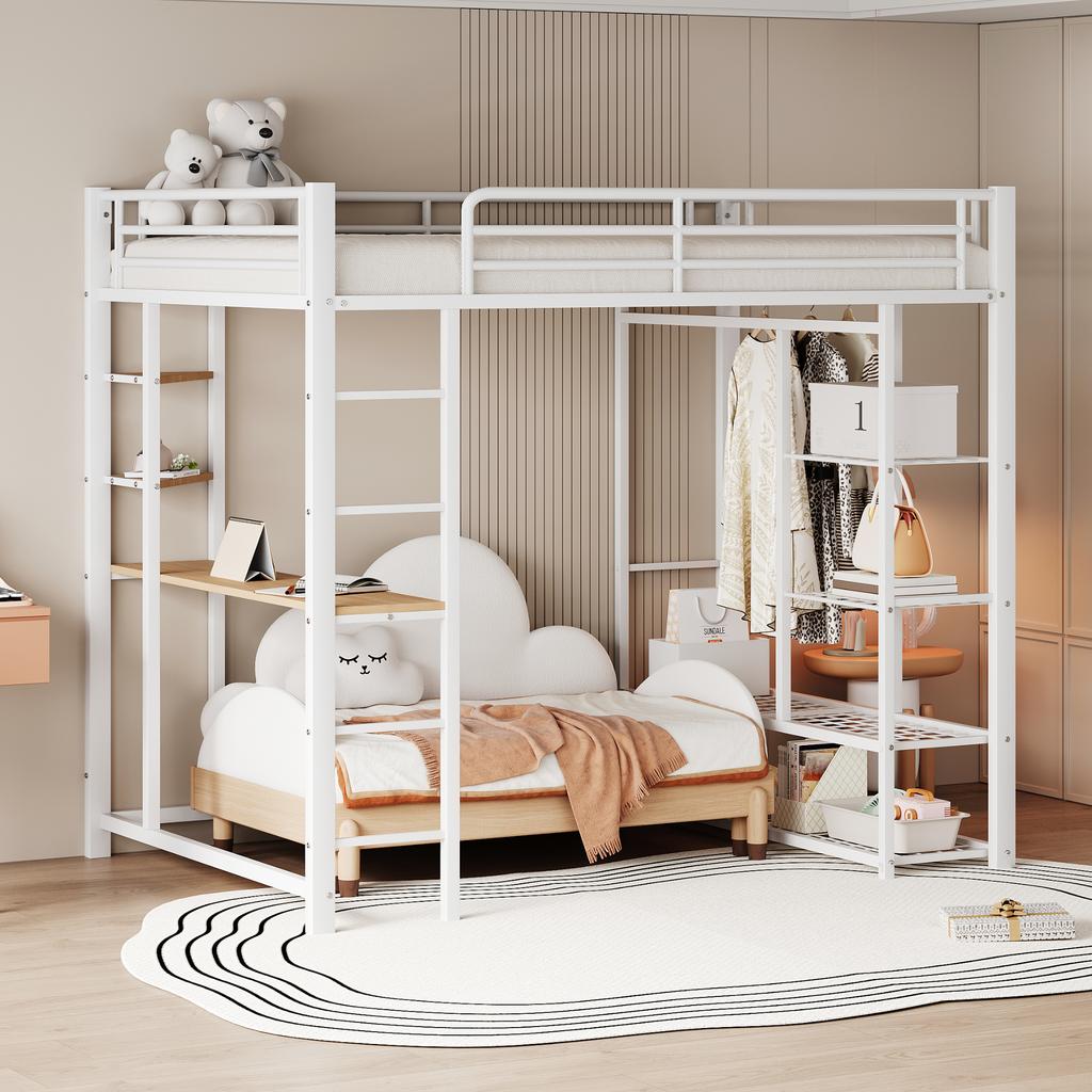 Cama Loft de Metal con Escalera 140*200 cm, Cama Junior Cama Doble con Mesa con Percheros Simples con Compartimentos de Almacenamiento, Blanca