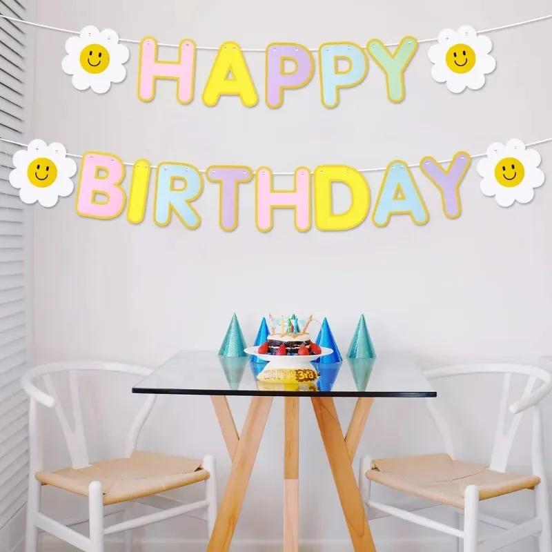 1PC Daisy Happy Birthday Party Decoration Banner Children Adult Scene Colorful Flags Party Photo Props
