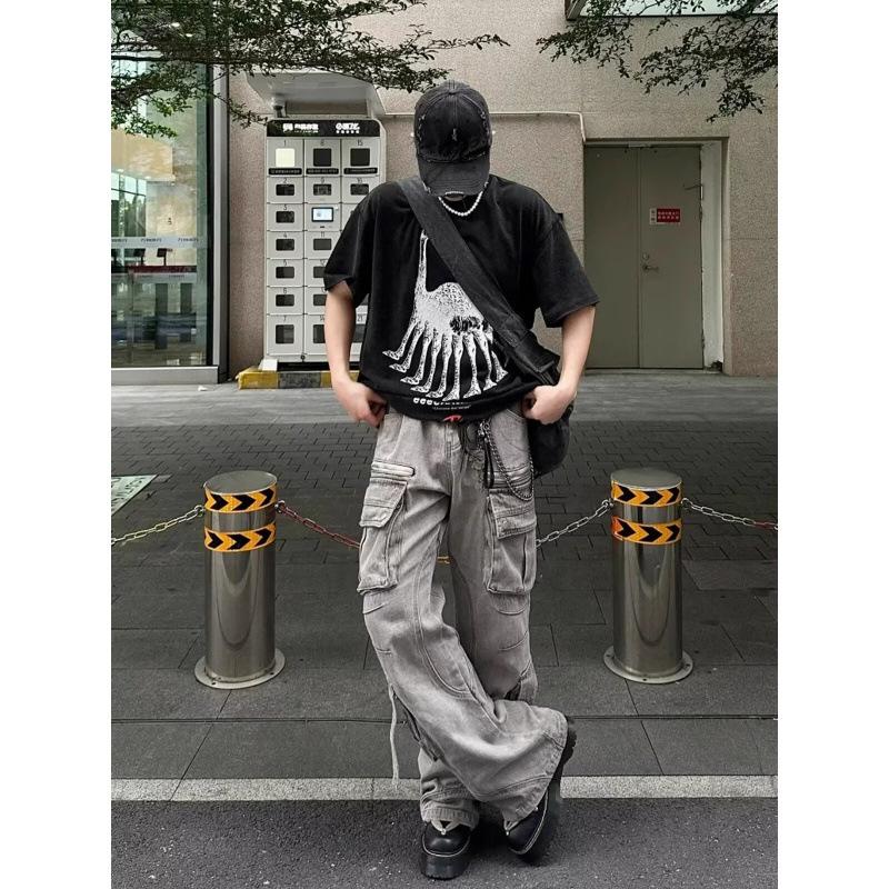 JYL Men's Cargo Flare Jeans American High-Street Multi-Pocket Vintage Floor-Length Denim