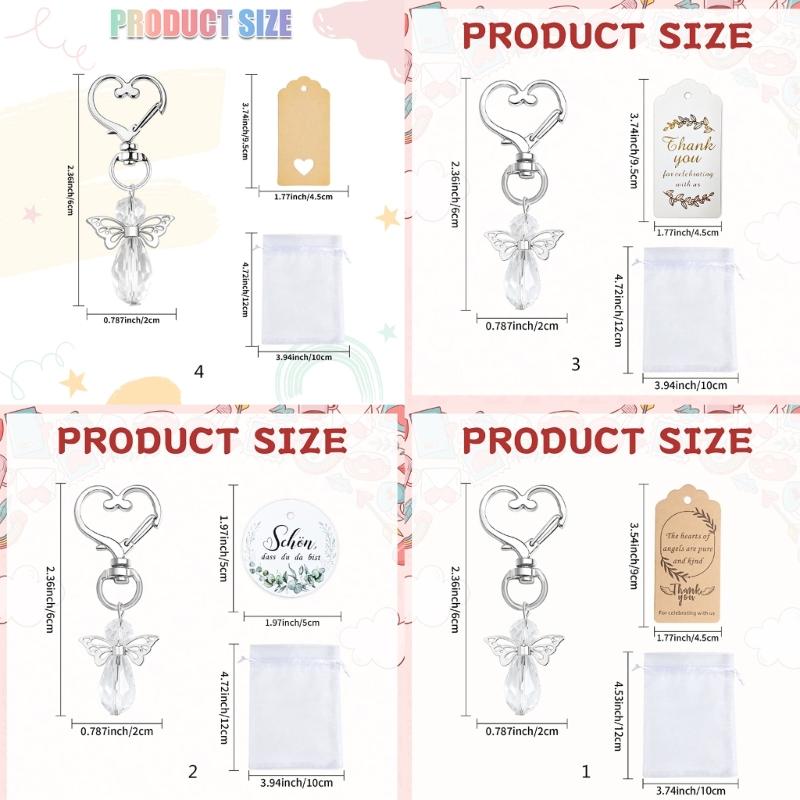 30Pcs Angel Wing Charm Keychain Decorative Key Holder with Drawstring Gauze Bag and Labels for Baby Showers Wedding