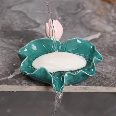 Lotus Leaf and Lotus Flower Ceramic Soap Box No Punching and Draining Household Soap Box Drainage Platform Storage Rack