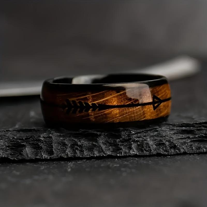 Fashion 8mm Black Stainless Steel Arrow Rings For Men Hawaiian Koa Wood Inlay Rings Men Wedding Band Jewelry Wholesale