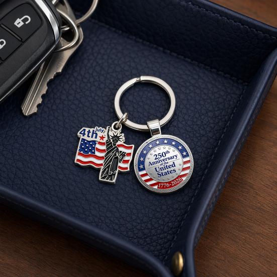 Pendentif Porte-clés, Porte-clés Double Pendentif Combiné, Porte-clés pour le 250e Anniversaire de la Fondation des États-Unis avec Anneau Métallique Épaissi