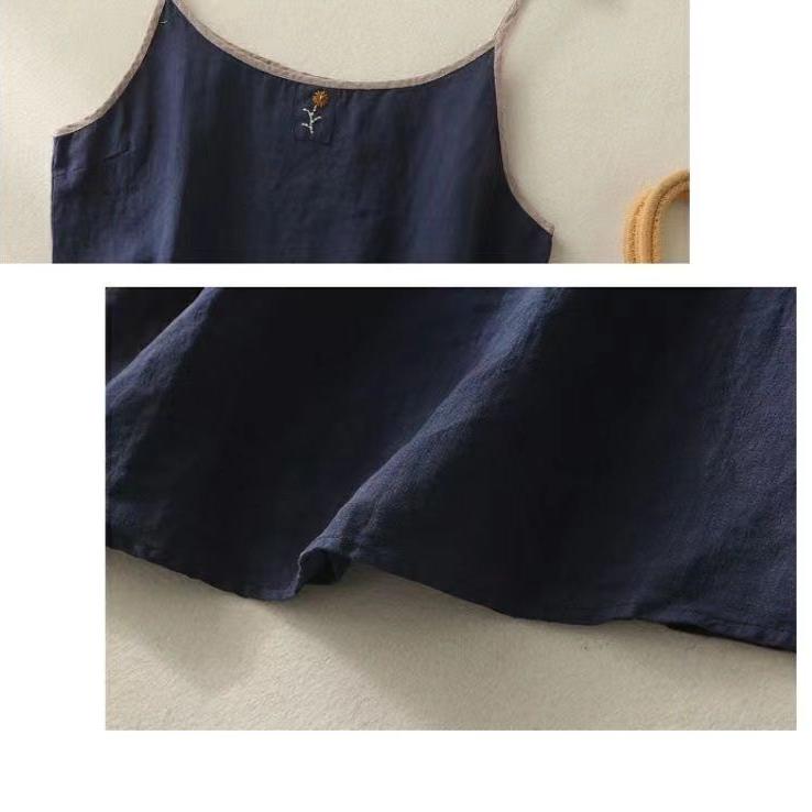 Vintage Embroidered Linen Camisole Women Summer Loose Casual Simple Sleeveless Top