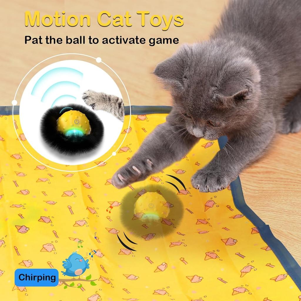 Interactive Cat Toys for Indoor Cats, Electric Cat Ball Fast Rolling in Pouch, Motion Activated Chirping Cat Toy, Hide and Seek Cat Toy with LED
