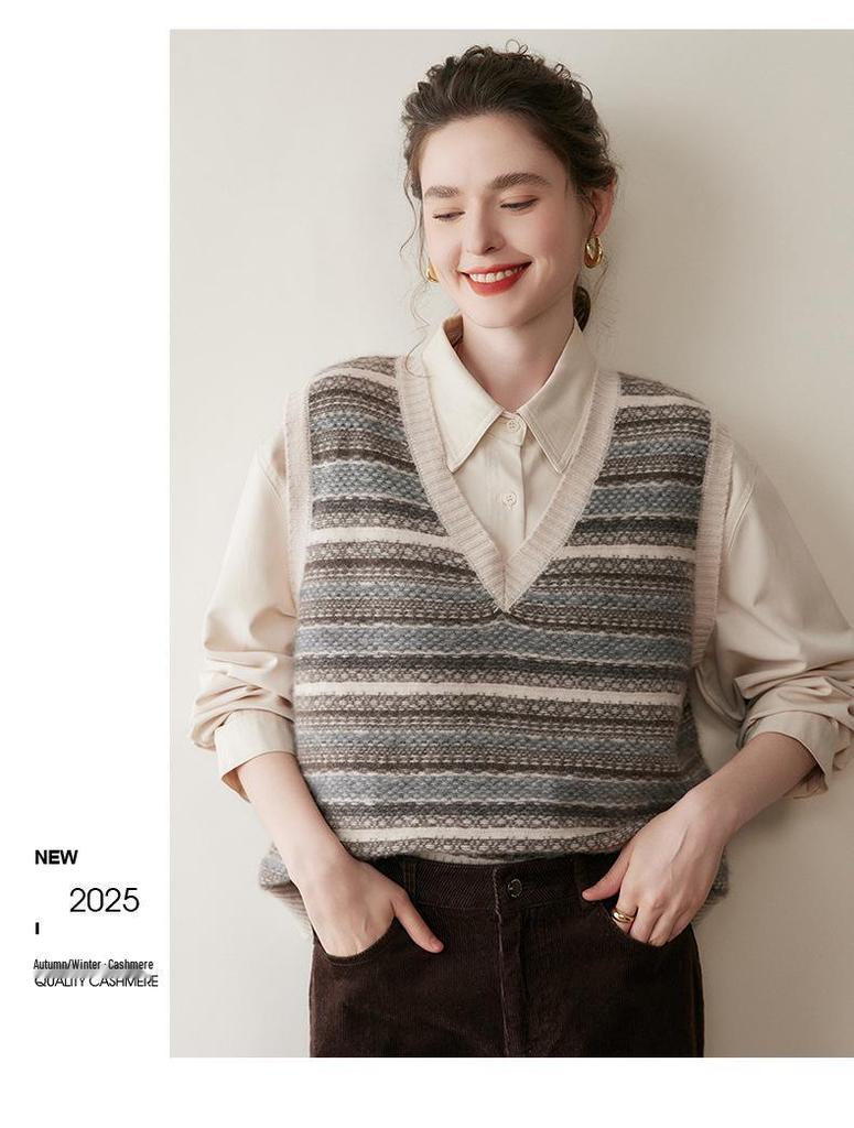 Women's Retro Color Block Cashmere Vest - 2025 Spring/Autumn V-Neck Sleeveless Knit Pullover