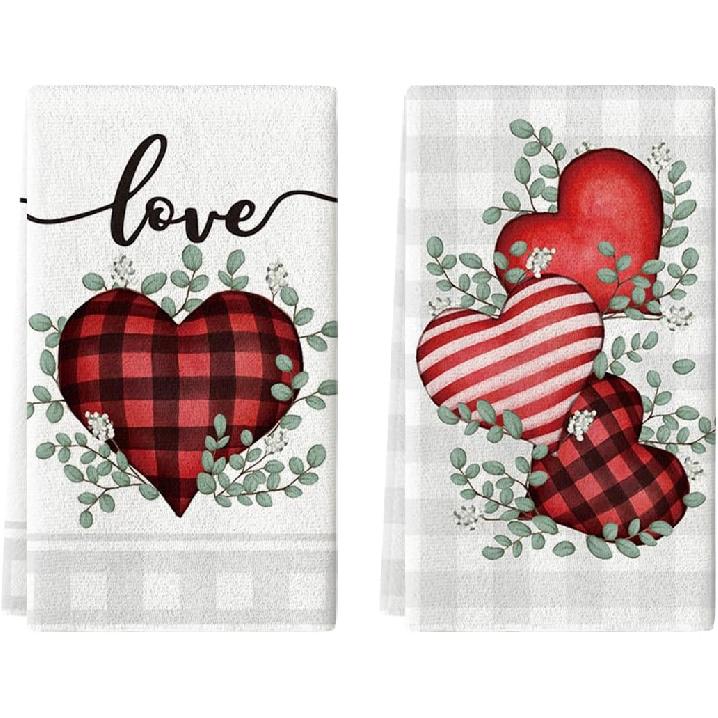 Artoid Mode Red Buffalo Plaid Heart Love Valentine's Kitchen Towels Dish Towels, 18x26 Inch Anniversary Wedding Decoration Hand Towels Set of 2