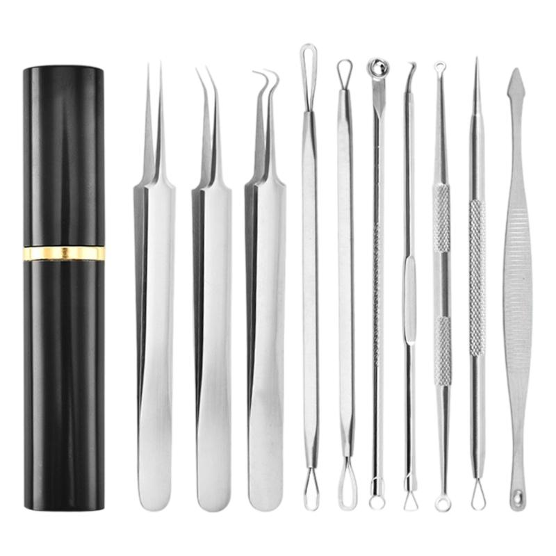Portable 10Pcs Acne Treatments Kit Including Carbon Steel Needle and Ergonomic Comedone Extractor Tools